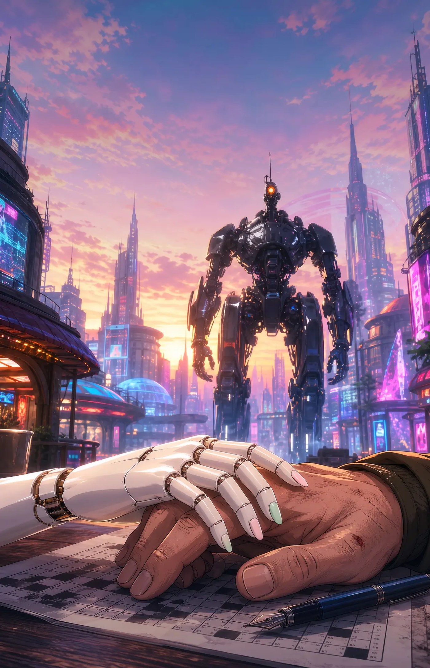 Neon dusk cityscape with a porcelain robot hand resting on a human hand over a crossword